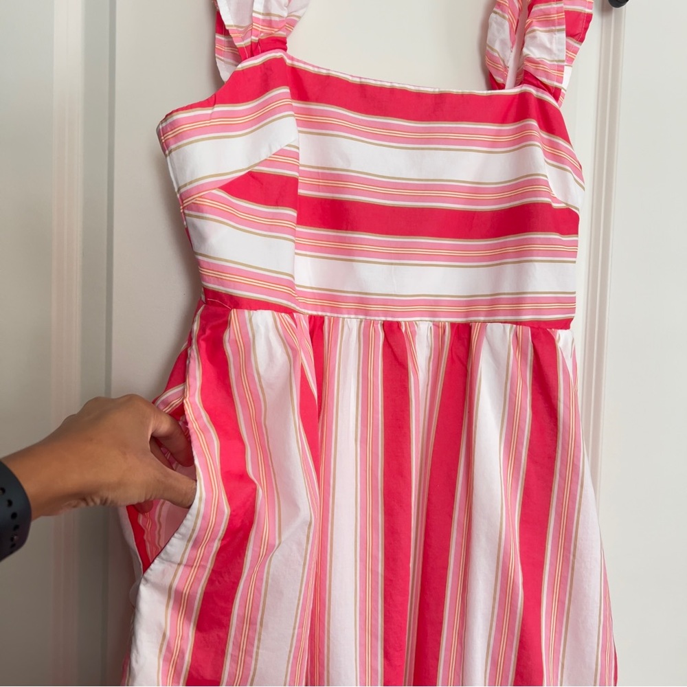 J. Crew Factory Pink White Striped Ruffle Feminine Midi Dress Women’s 12 Petite - Picture 3 of 13